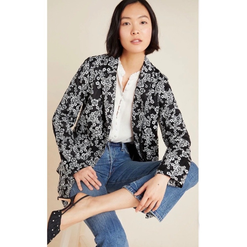 Eva Franco Anthropologie Kylie Floral Double Breasted Black & White Blazer M